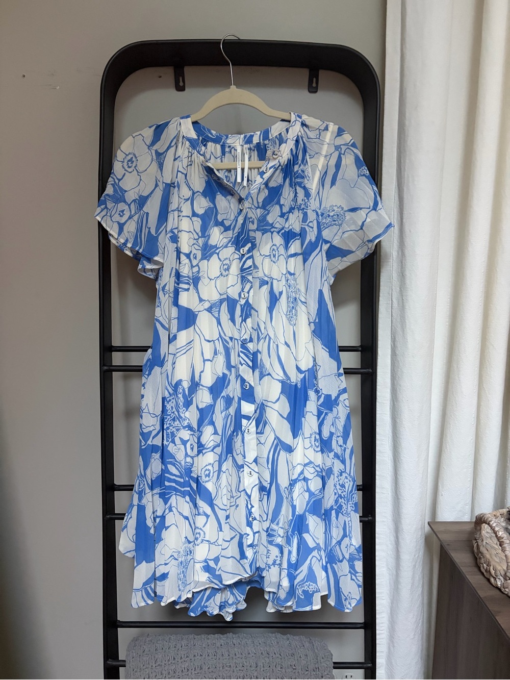 Anthropologie Blue and White Floral Button-Front Mini Dress